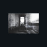 Toile Abandoned Staircase Ghostly Doorway Blur<br><div class="desc">A wide stone staircase rises toward an open arched doorway in an abandoned grand interior, captured in stark black and white. Thick motion blur and ghostly double-exposure layers overlap walls, steps, and cracked plaster, creating an ethereal, dreamlike veil across the scene. Soft daylight pours through the threshold, revealing overgrown foliage...</div>