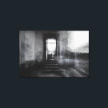 Toile Abandoned Staircase Ghostly Doorway Blur<br><div class="desc">A wide stone staircase rises toward an open arched doorway in an abandoned grand interior, captured in stark black and white. Thick motion blur and ghostly double-exposure layers overlap walls, steps, and cracked plaster, creating an ethereal, dreamlike veil across the scene. Soft daylight pours through the threshold, revealing overgrown foliage...</div>