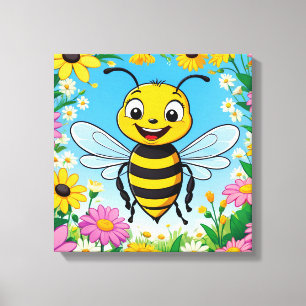 Toile Abeille de dessin animé fleurs colorées