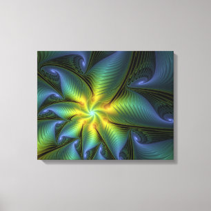Toile Abstract Star, Shiny Blue Green Golden Fractal Art