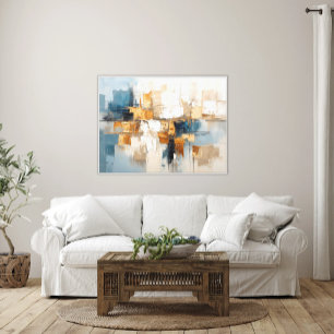 Toile Abstrait d'inspiration cubiste - Bleu, Taupe & Or