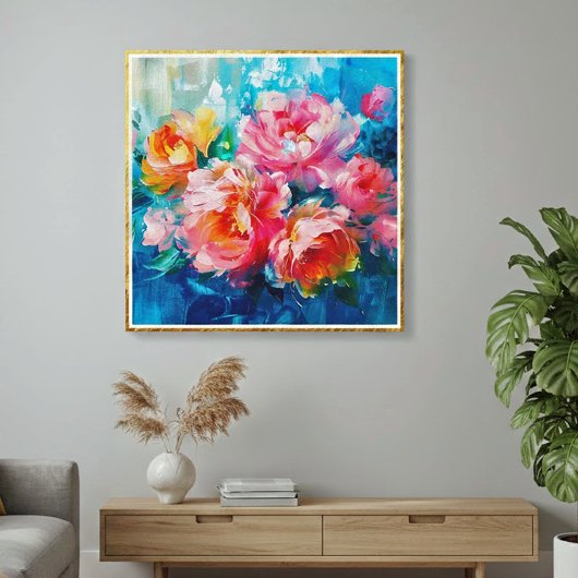 Toile Abstrait Floral Rose Moderne – Cadre Texturé Or