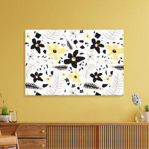 Toile Abstrait motif floral gris jaune noir