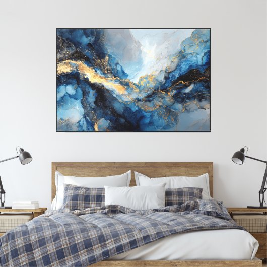 Toile abstraite bleu et or marbré (Insitu(Chambre))