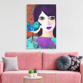 Toile Abstraite fille et oiseau pourpre et Turquoise (Insitu(Salon))