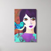 Toile Abstraite fille et oiseau pourpre et Turquoise (Recto)