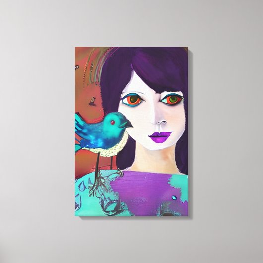 Toile Abstraite fille et oiseau pourpre et Turquoise (Recto)