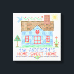 Toile Accueil Sweet Home Cross Stitch House Personnalisé<br><div class="desc">Cette maison de campagne personnalisée est faite pour ressembler à un échantillonneur de broderie de point de croix vintage. Il montre une maison bleue faite de "x" avec un oiseau, le soleil et beaucoup de coeurs et de fleurs dans le même style. L'arrière - plan est beige, avec un motif...</div>