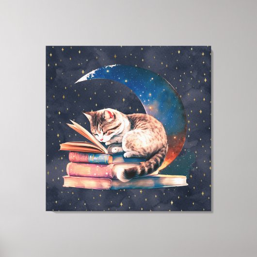 Toile Adorable Chat sur la Lune Lire un livre (Recto)