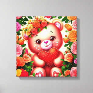 Toile Adorable ours en peluche avec Roses et coeur