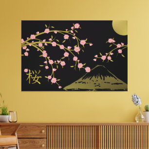 Toile Affiche japonaise en or et noir Sakura rose