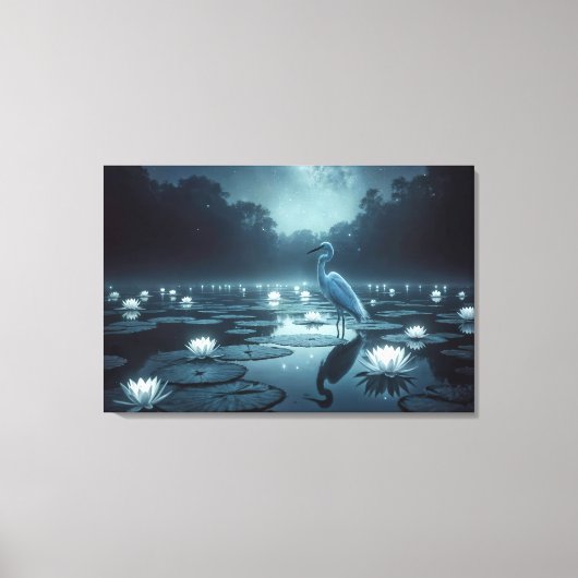 Toile Aigrette blanche et nénuphars dans un étang (Recto)