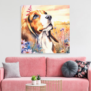 Toile Amoureux de chien Beagle avec prairie de fleurs sa