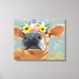 Toile Amusement à la ferme - Vache à la couronne de fl