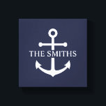 Toile Ancre bleue marine Nom de famille personnalisé<br><div class="desc">Design nautique personnalisé avec ancre blanche avec votre nom de famille personnalisé dans une police serif classique sur arrière - plan bleu marine. Un accent varié d'inspiration côtière, parfait pour améliorer le style de maison de plage, le séjour en maison de lac, la décoration en bord de mer, ou comme...</div>