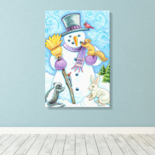 Toile Animaux mignons construisant un bonhomme de neige