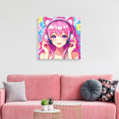 Toile Anime rose mignonne fille avec casque (Insitu(Salon))