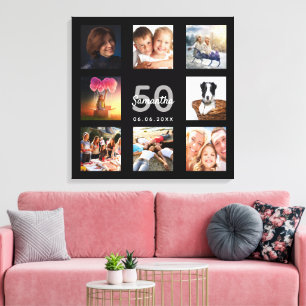 Toile Anniversaire personnalisé photo collage noir monog