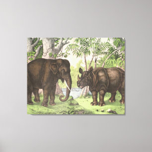 Toile Antique Elephant Rhino dans la jungle Imprimer