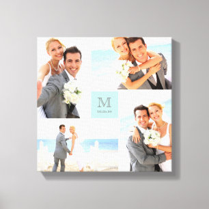 Toile Aqua Modern Grid Monogramme Mariage 4 Photo Collag