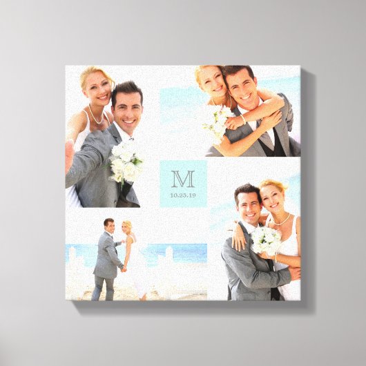 Toile Aqua Modern Grid Monogramme Mariage 4 Photo Collag (Recto)