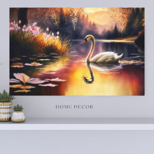 Toile Aquarelle Beau cygne blanc dans le lac Colorful