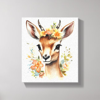 Toile Aquarelle Bébé Gazelle avec Fleurs
