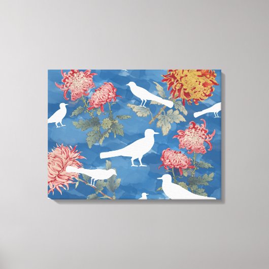 Toile Aquarelle bleue Fleurs Vintages et oiseaux (Recto)