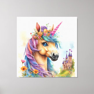 Toile Aquarelle Dreamy Unicorn avec Château et Fleurs