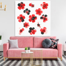 Aquarelle Fleurs Rouge Noir Blanc