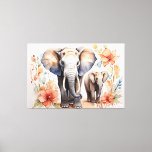 Toile Aquarelle florale unique mère et enfant éléphant