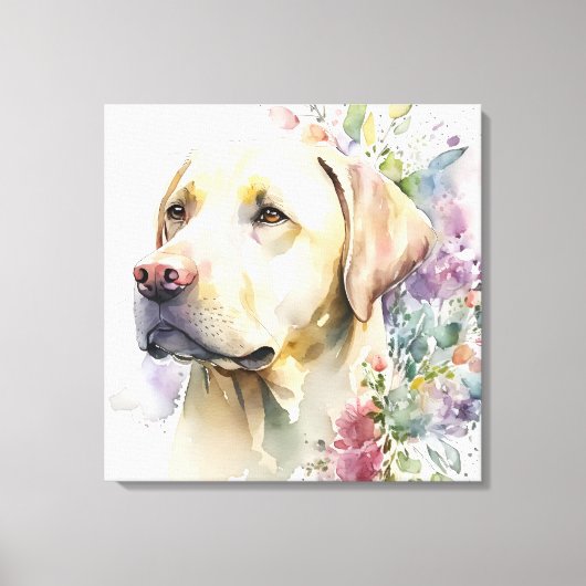 Toile Aquarelle Golden Labrador Retriever et Fleurs (Recto)
