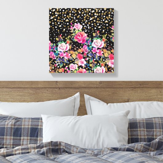 Toile Aquarelle moderne points fleuris et or (Insitu(Chambre))