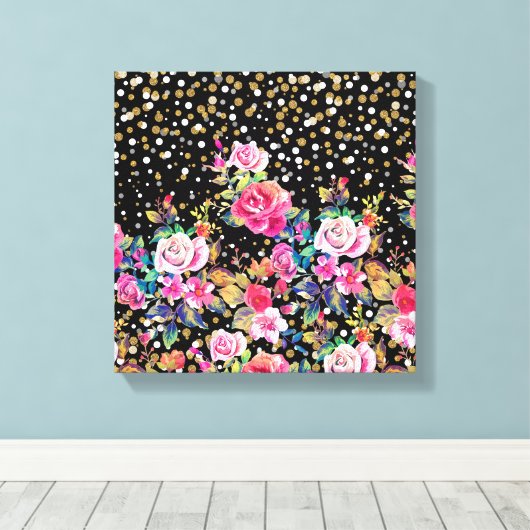 Toile Aquarelle moderne points fleuris et or (Insitu (Plancher de Bois))