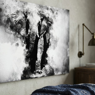 Toile Aquarelle noire et blanche africaine Eléphant
