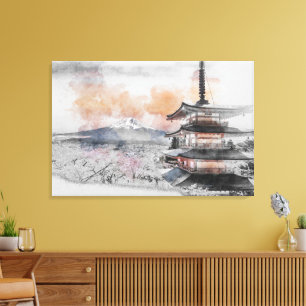 Toile Aquarelle Pagode japonaise & Mt. Fuji