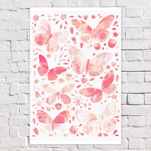 Toile Aquarelle Papillon Peach Coral rose