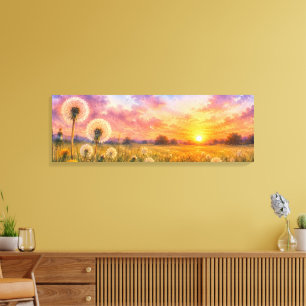 Toile Aquarelle Pissenlits au Paysage de Prairie au Couc