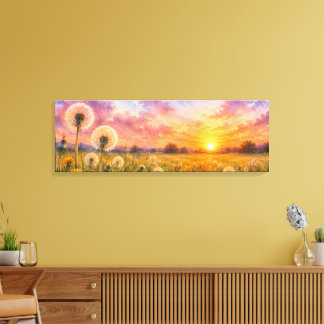 Toile Aquarelle Pissenlits au Paysage de Prairie au Couc