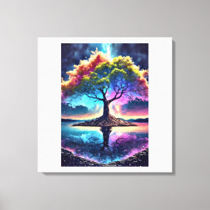 Toile Arbre arc-en-ciel fantastique sur une île – Ciel n