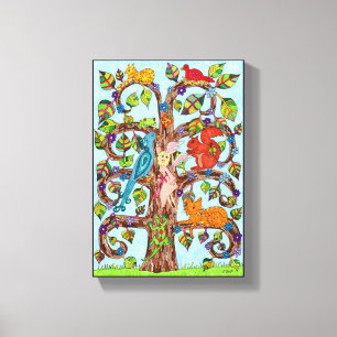 Toile Arbre blanc coloré Fée Mélange dessin animal