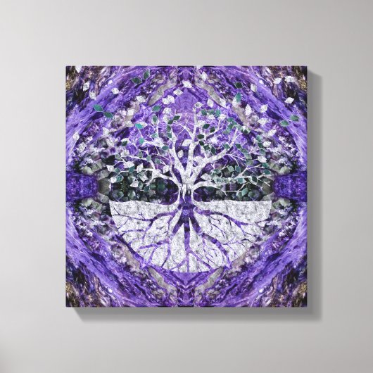 Toile Arbre d'argent de vie Yggdrasil sur Géode Améthyst (Recto)