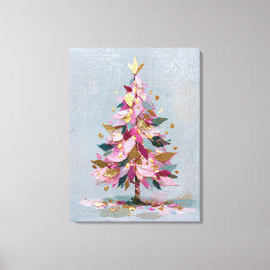 Toile Arbre de Noël abstrait rose et or en empâtement