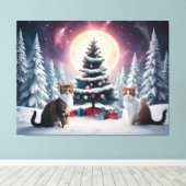 Toile Arbre de Noël couvert de neige avec chats (Insitu (Plancher de Bois))