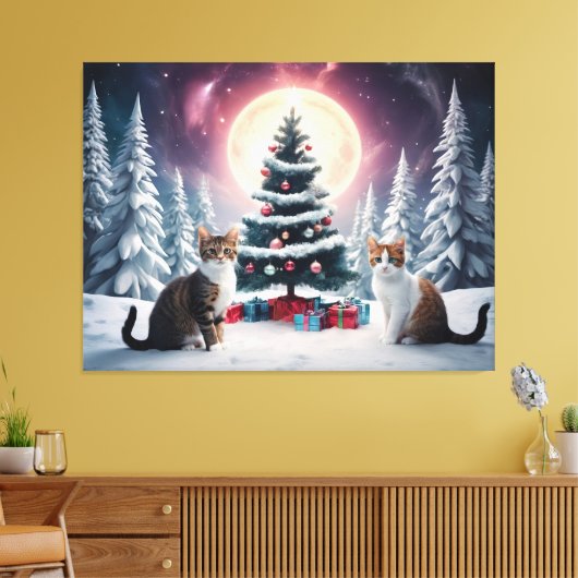 Toile Arbre de Noël couvert de neige avec chats (Insitu(Salon))
