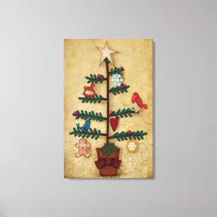 Toile Arbre De Noël D'Art Folk Avec Des Ornements Sentis