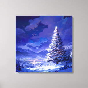 Toile Arbre de Noël lumineux paysage de montagne enneigé