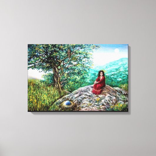 Toile ARBRE MAGIQUE / Aube en bois vert et dame en rouge (Recto)