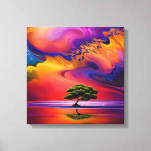 Toile Arbre solitaire dans l'eau ciel coloré