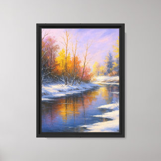 Toile Arbres colorés par la rivière des neiges en hiver